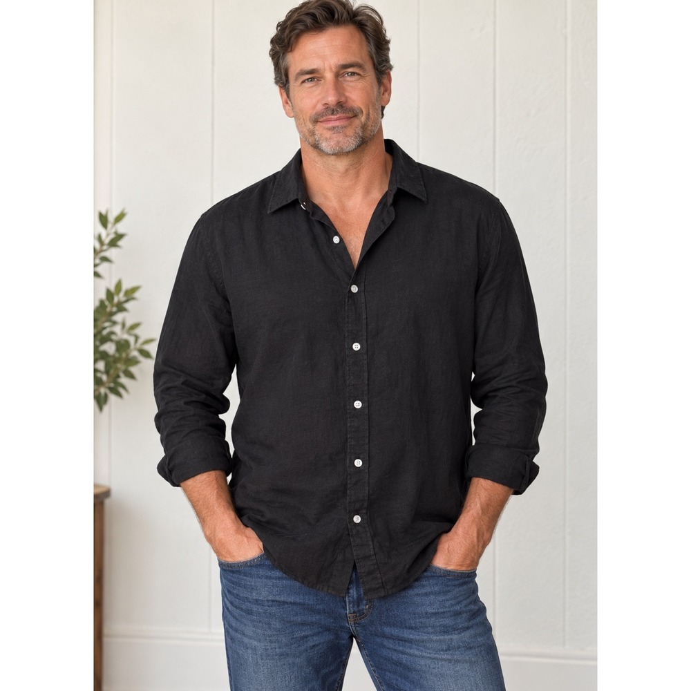 NWT Quince Men Premium European Linen Long Sleeve Button Down Shirt Black Size L